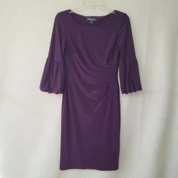 Lauren Ralph Lauren Dress Womens 6 Purple Sinch‎ Side 3/4 Bell Sleeve Scuba Knit - Picture 1 of 14
